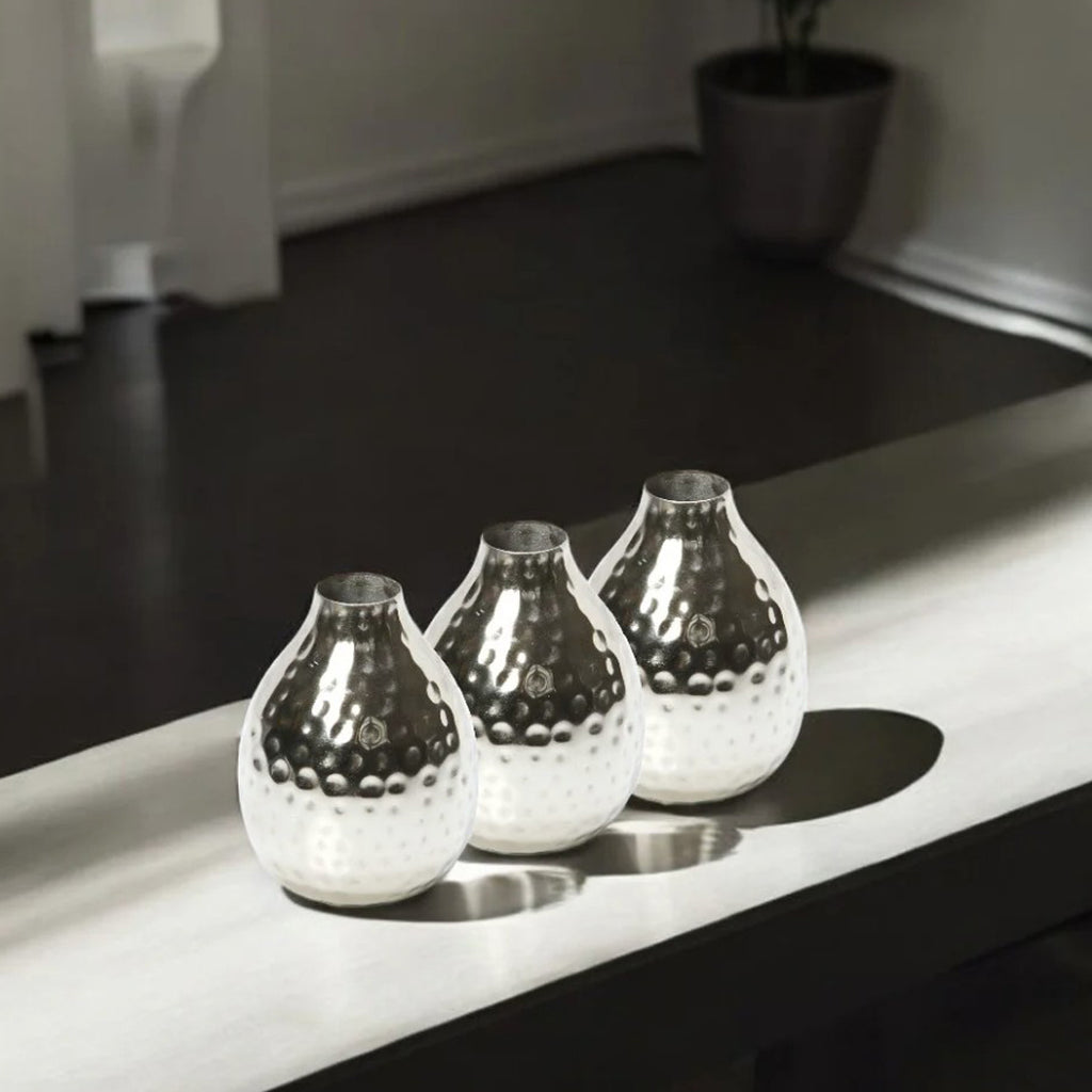 Set of 3 Hammered Metal Vases – Small Decorative Silver Vessels for Modern Home Décor, Tabletop Accent