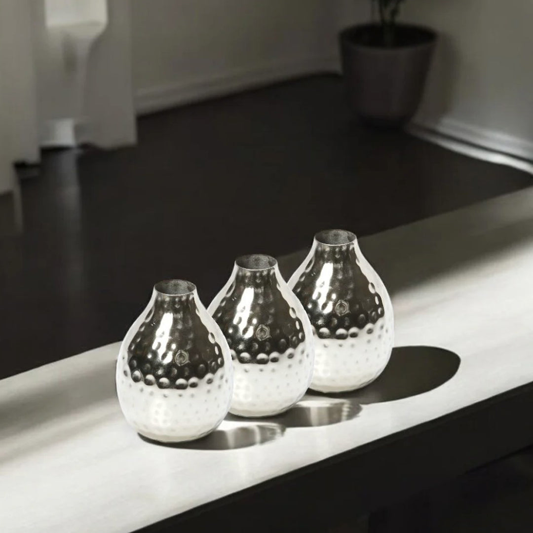 Set of 3 Hammered Metal Vases – Small Decorative Silver Vessels for Modern Home Décor, Tabletop Accent