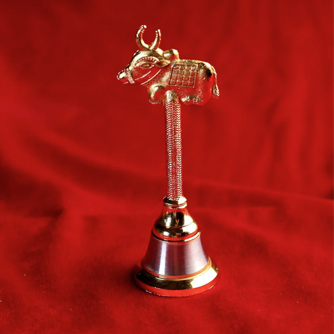 Brass Finish Nandi Cow Hand Bell for Pooja Room & Home Decor | Decorative Metal Ghanti | Set of 2
