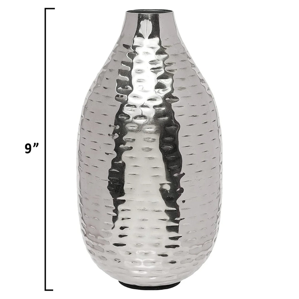 Rice Hammered Metal Flower Vase (9 Inch) – Silver Finish Decorative Table Vase for Living Room, Office & Shelf Décor