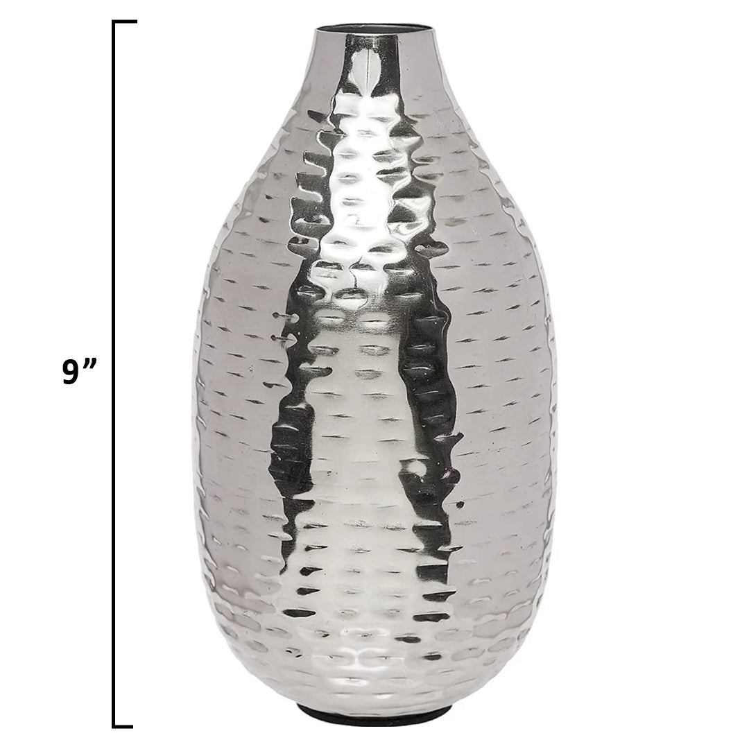 Rice Hammered Metal Flower Vase (9 Inch) – Silver Finish Decorative Table Vase for Living Room, Office & Shelf Décor