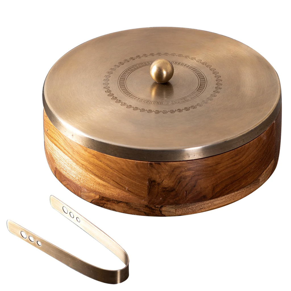 Wooden Gold Leaf Chapati Box with Brass Finish Lid & Tongs | Roti Storage Container