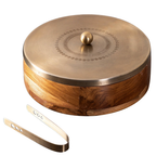 Wooden Gold Leaf Chapati Box with Brass Finish Lid & Tongs | Roti Storage Container