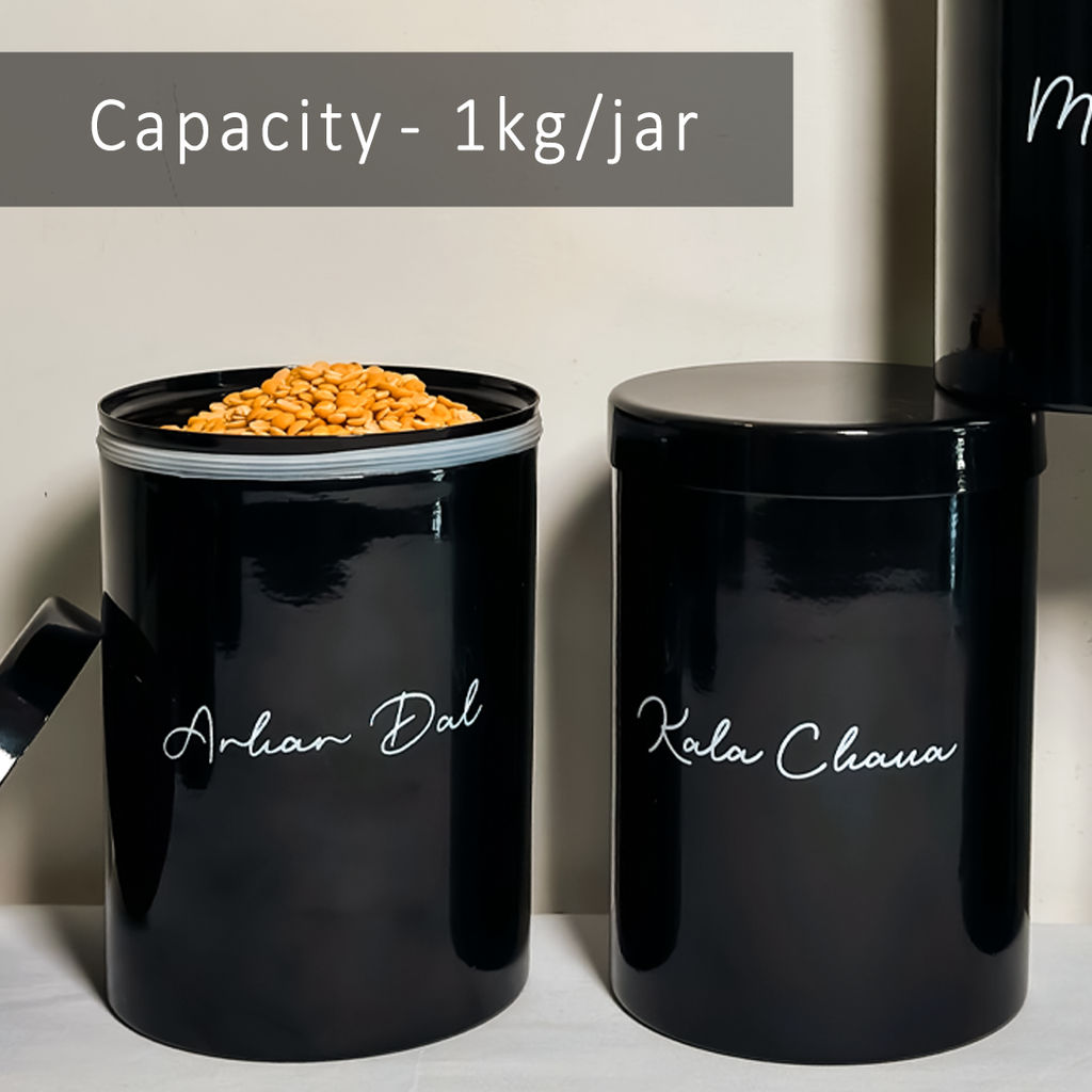 Set of 8 Metal Storage Jars for Dal & Pulses | 1kg Capacity Each | Airtight Black Containers for Kitchen | Labelled Canisters for Masalas, Dals & Grains