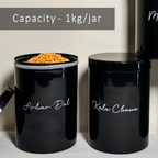 Set of 8 Metal Storage Jars for Dal & Pulses | 1kg Capacity Each | Airtight Black Containers for Kitchen | Labelled Canisters for Masalas, Dals & Grains