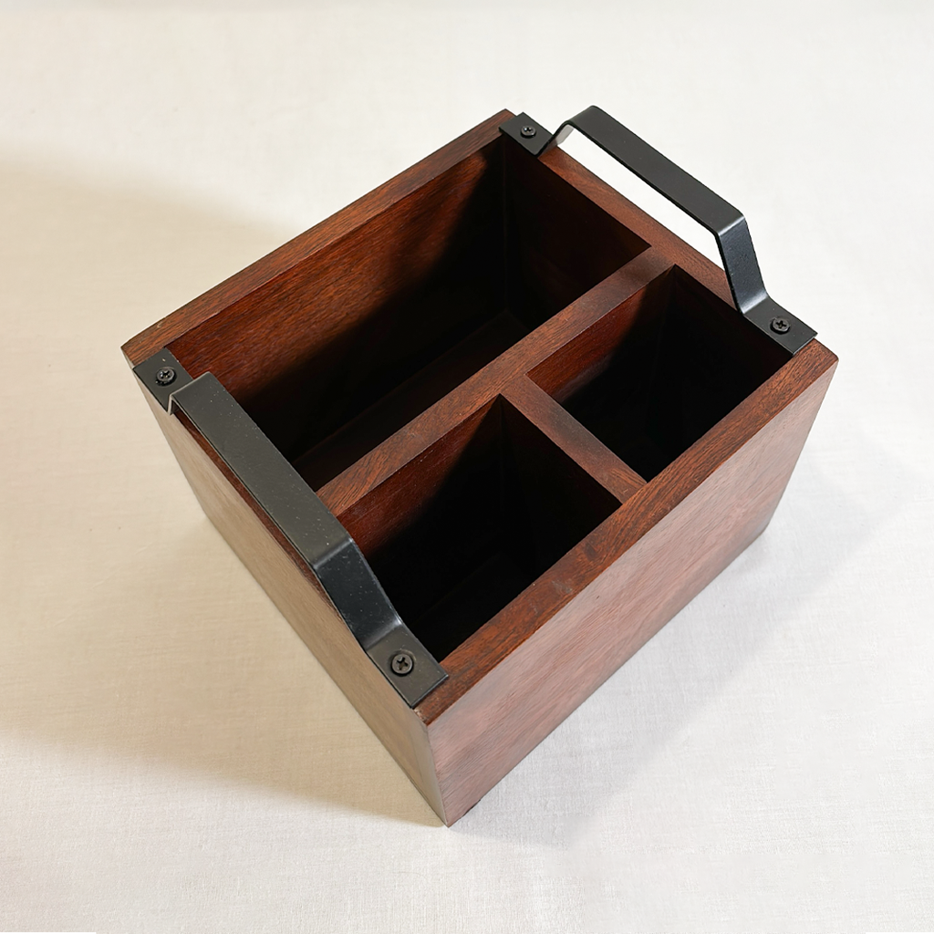 Wooden 3- Partition Cutlery Holder with Black Metal Handles | Multipurpose Kitchen Organizer