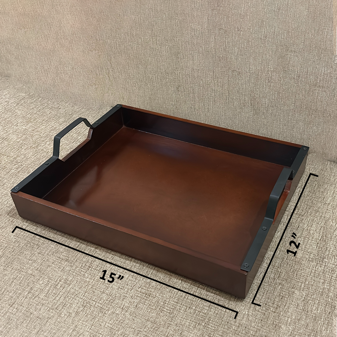 Wooden Serving Tray with Matte Black Metal Handles | Premium Tea & Coffee Tray for Dining Table & Home Decor | 15 x 12 Inch