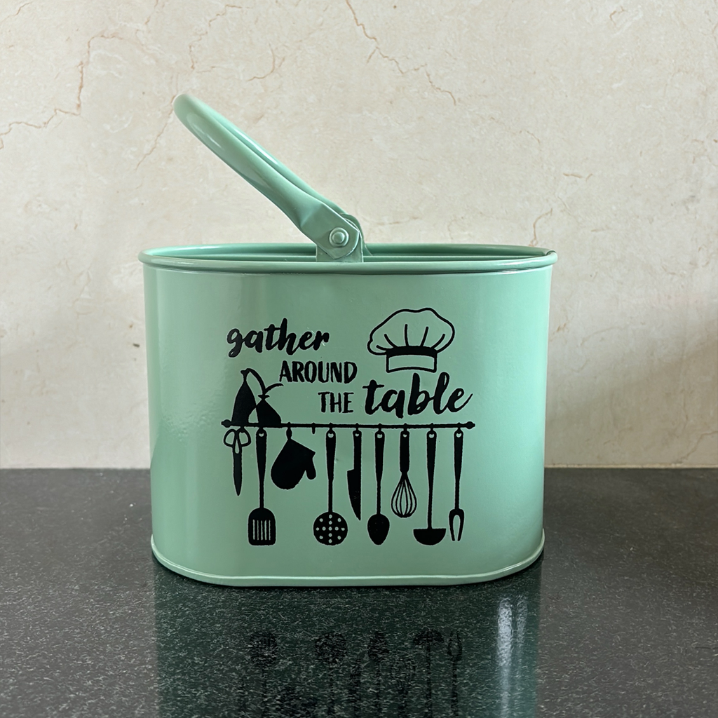 Metal Cutlery Holder for Kitchen Counter | 4 Section Spoon & Utensil Organizer with Handle | Mint Green