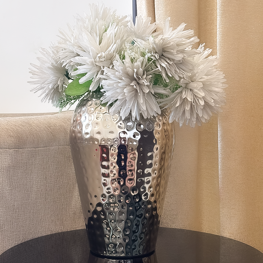 10" Hammered Metal Flower Vase – Modern Decorative Table Vase for Living Room, Bedroom & Office – Silver Finish