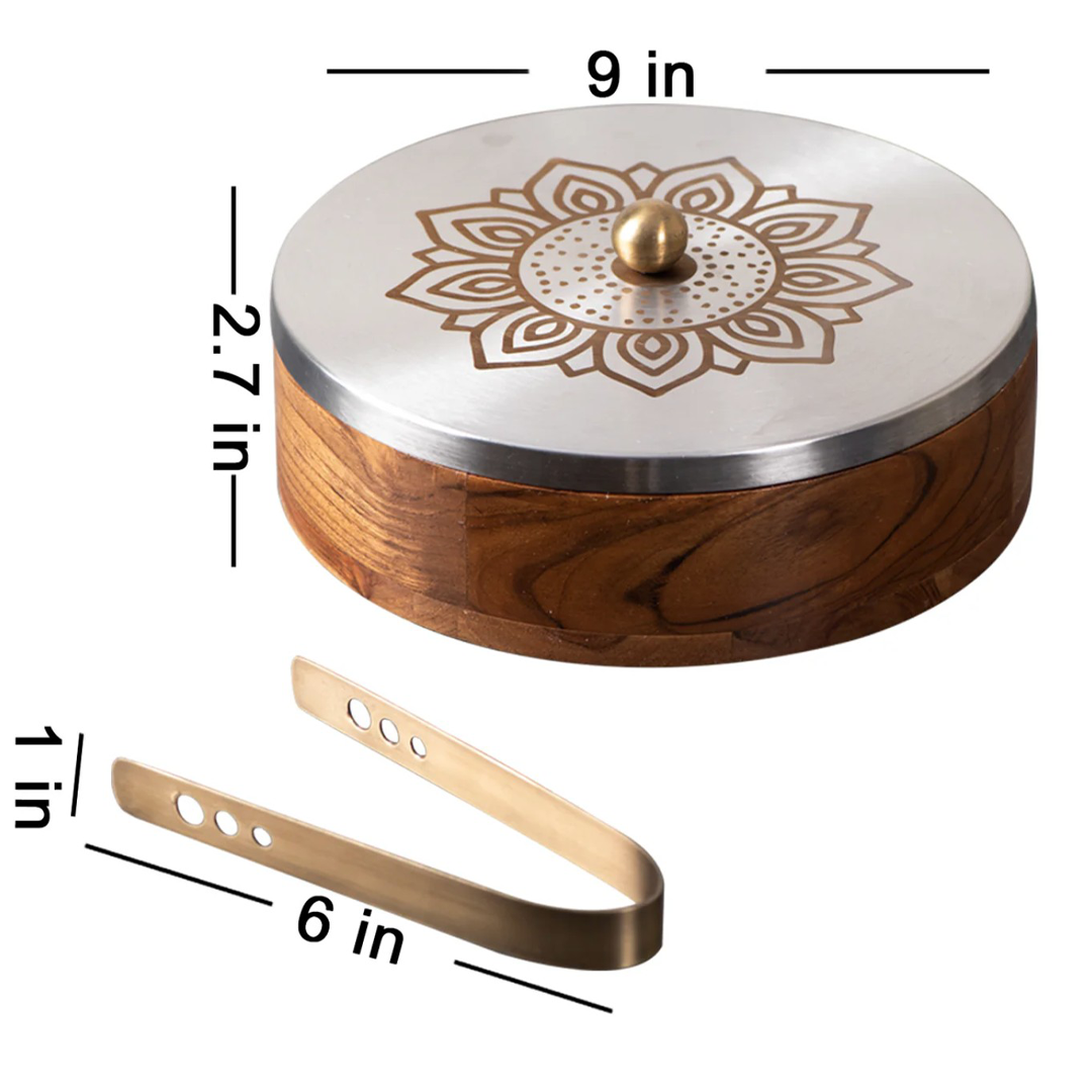 Wooden Mandala Chapati Box with Steel Lid & Tongs | Roti Storage Container
