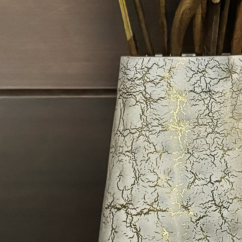 Tall Hammered Texture Vase with White & Gold Crackle | Contemporary Floor Decor for Living Room, Hallway & Corners