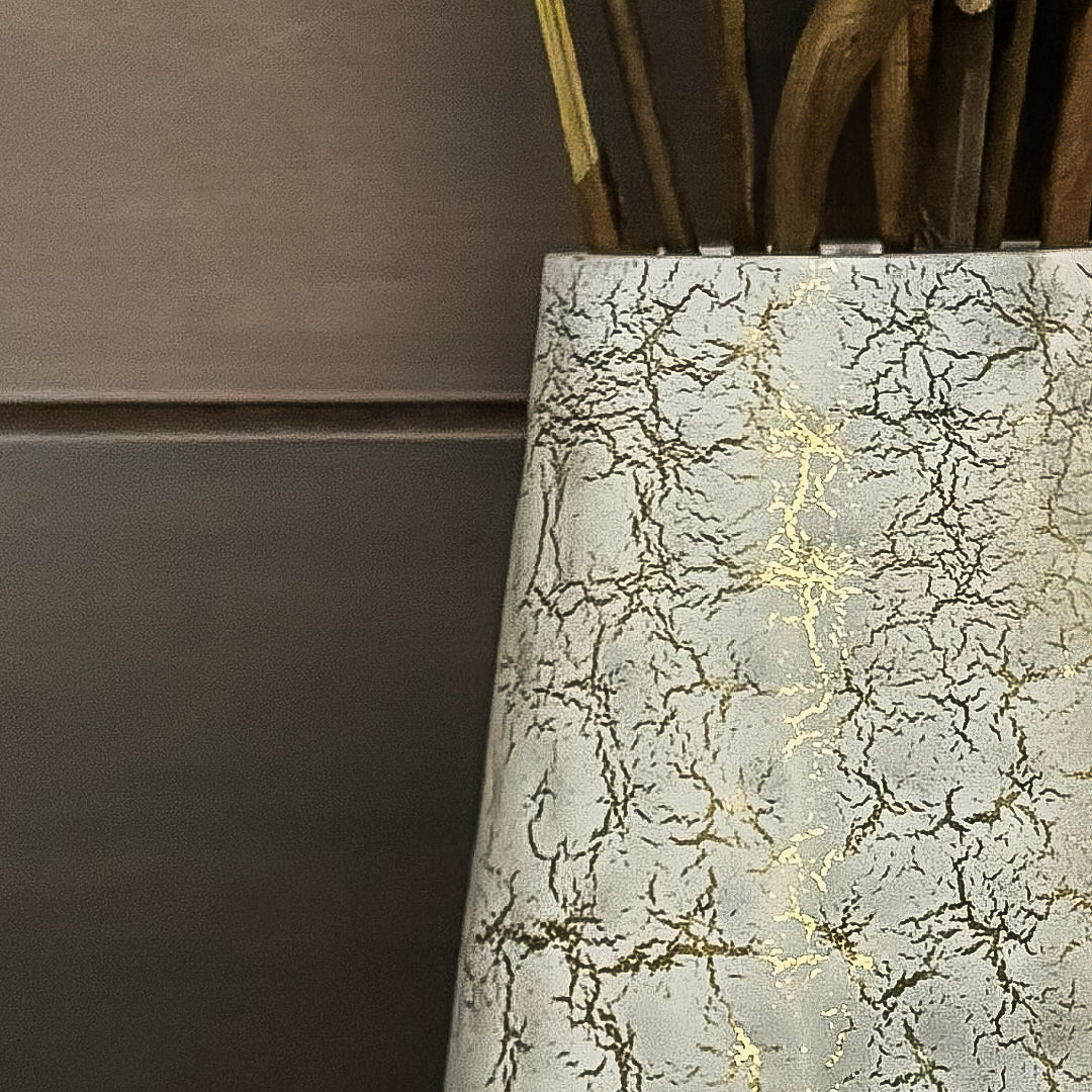Tall Hammered Texture Vase with White & Gold Crackle | Contemporary Floor Decor for Living Room, Hallway & Corners