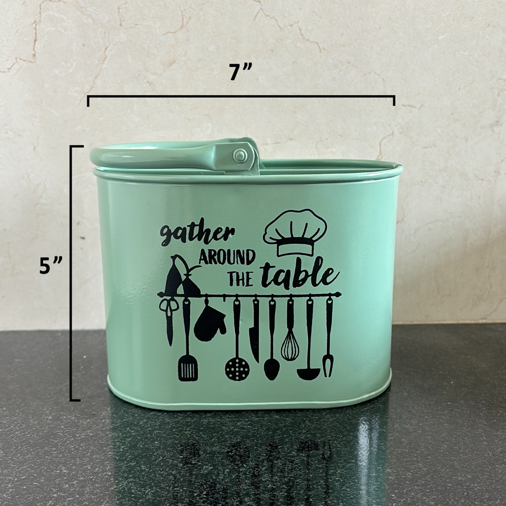 Metal Cutlery Holder for Kitchen Counter | 4 Section Spoon & Utensil Organizer with Handle | Mint Green