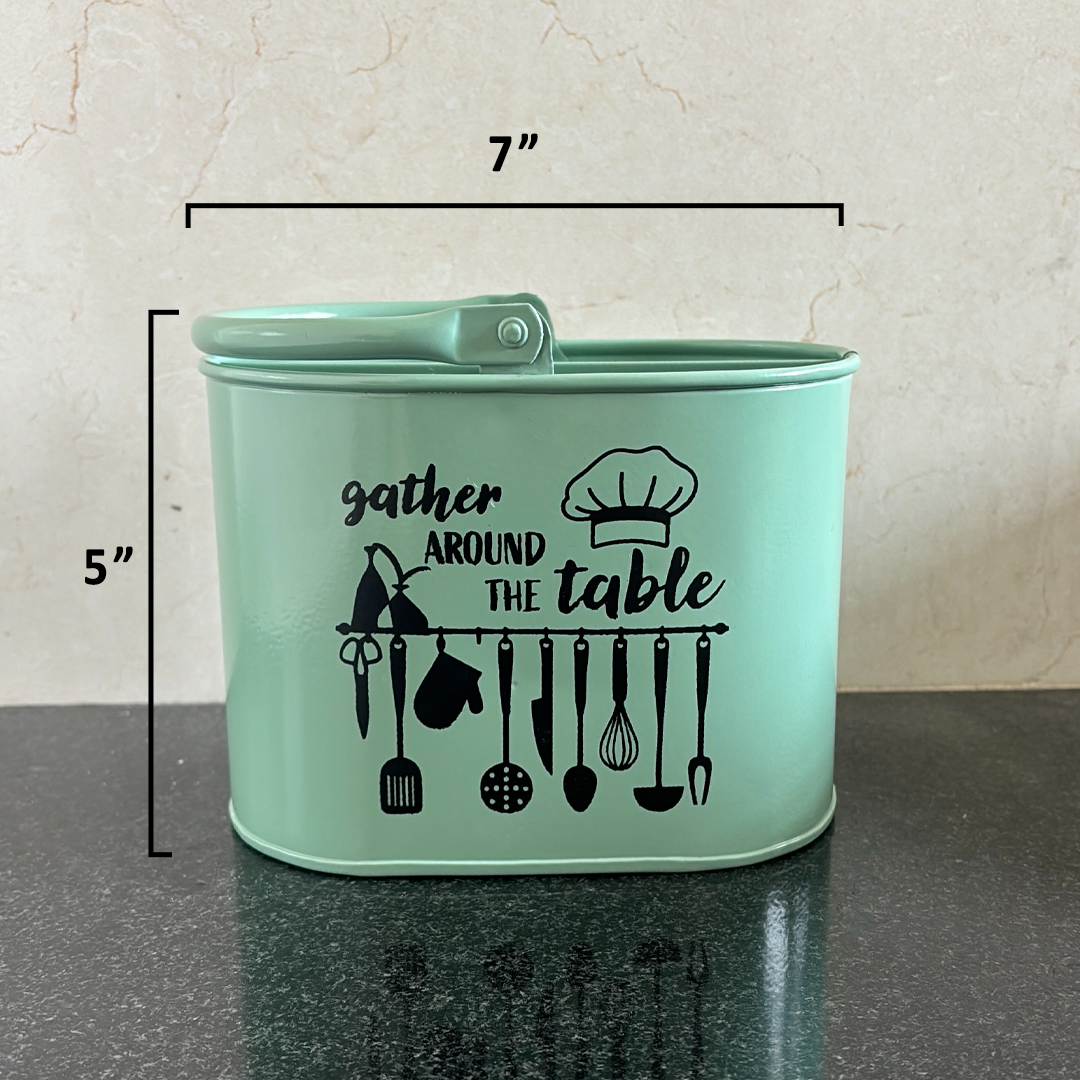 Metal Cutlery Holder for Kitchen Counter | 4 Section Spoon & Utensil Organizer with Handle | Mint Green