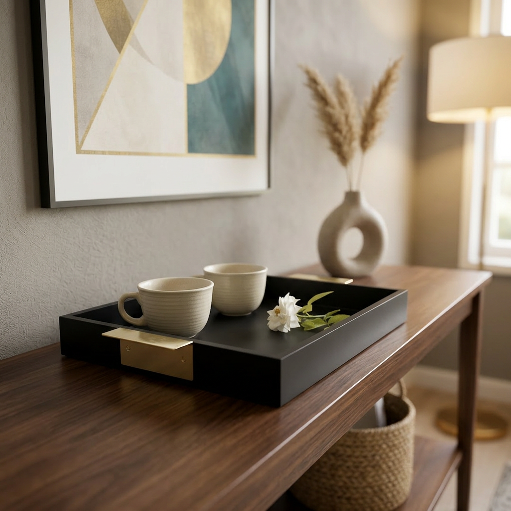 Matte Black Serving Tray with Gold Handles – Luxury Wooden Coffee Table & Dining Tray for Modern Home Decor