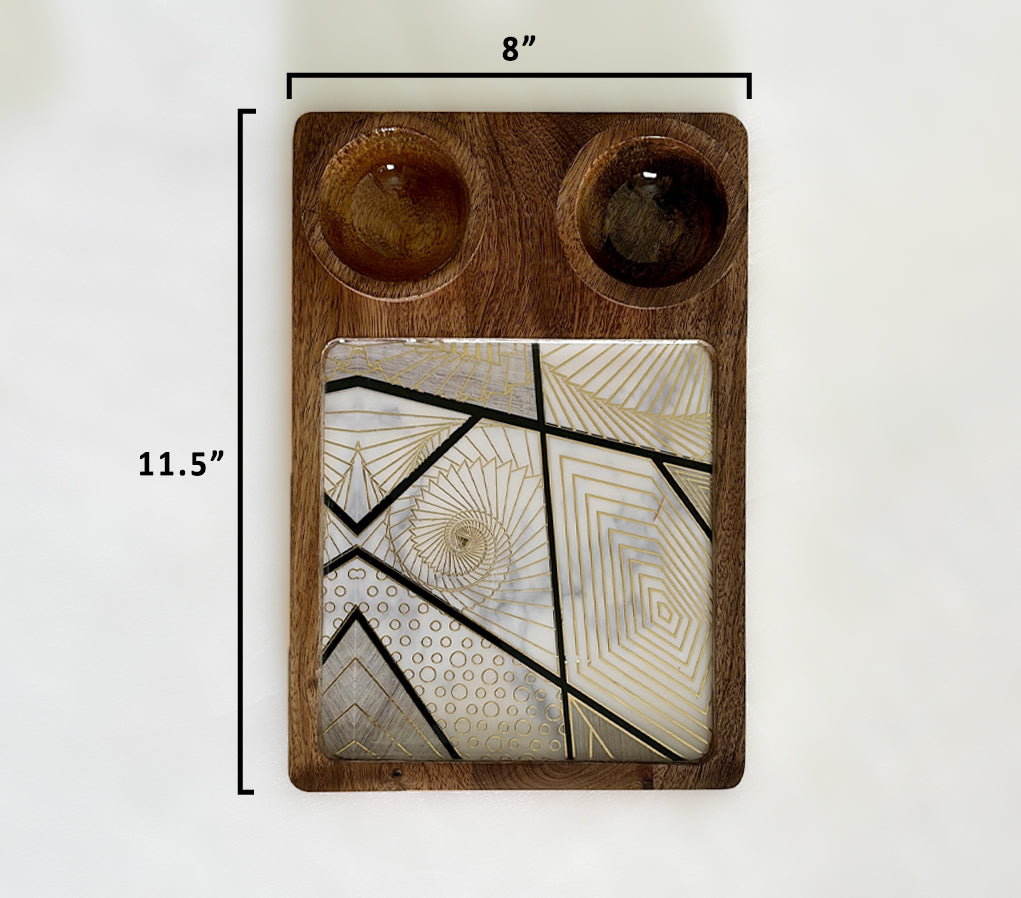 Wooden Snack Serving Tray with Dip Bowls | Multipurpose Chips & Nachos Platter for Serving Snacks
