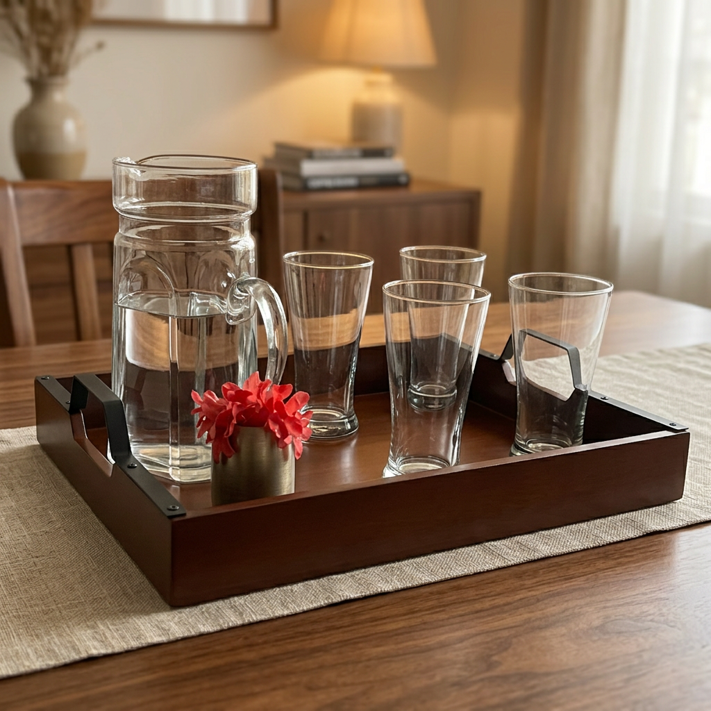 Wooden Serving Tray with Matte Black Metal Handles | Premium Tea & Coffee Tray for Dining Table & Home Decor | 15 x 12 Inch