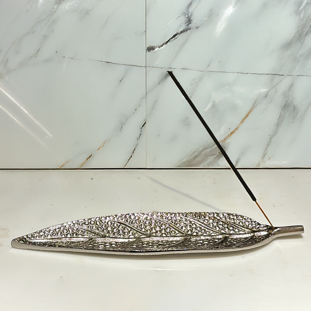Leaf Shape Silver Metal Incense Stick Holder | Decorative Agarbatti Stand for Home, Temple & Meditation | 10 Inch
