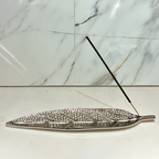 Leaf Shape Silver Metal Incense Stick Holder | Decorative Agarbatti Stand for Home, Temple & Meditation | 10 Inch