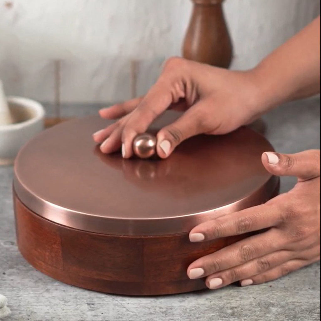 Wooden Masala Box with Rose Gold Stainless Steel Lid – Multipurpose Masala, Mukhwas & Dry Fruit Organizer