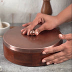 Wooden Masala Box with Rose Gold Stainless Steel Lid – Multipurpose Masala, Mukhwas & Dry Fruit Organizer