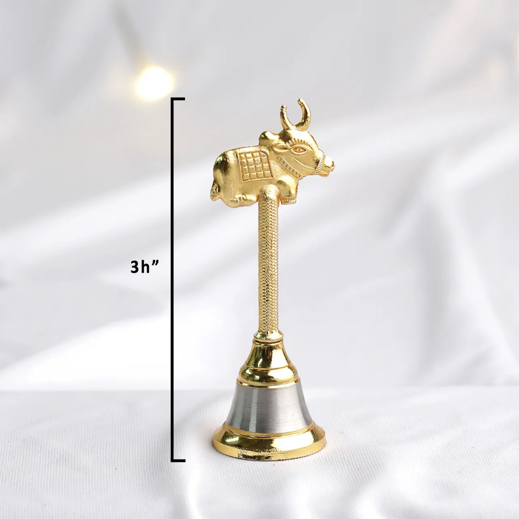 Brass Finish Nandi Cow Hand Bell for Pooja Room & Home Decor | Decorative Metal Ghanti | Set of 2