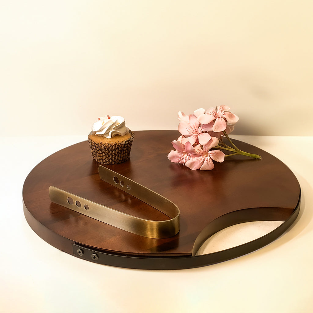 Round Wooden Serving Platter with Metal Handle | Premium Snack & Tea Serving Platter
