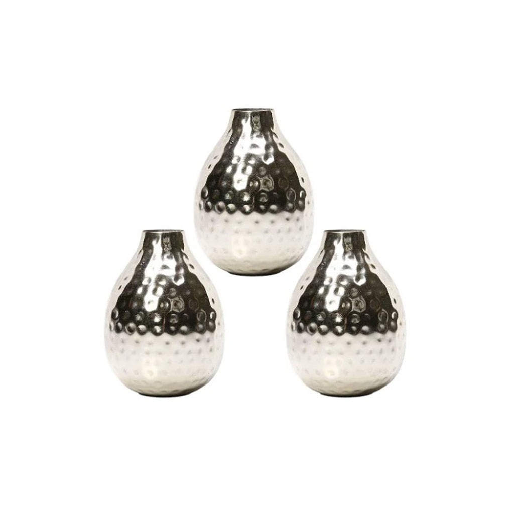 Set of 3 Hammered Metal Vases – Small Decorative Silver Vessels for Modern Home Décor, Tabletop Accent