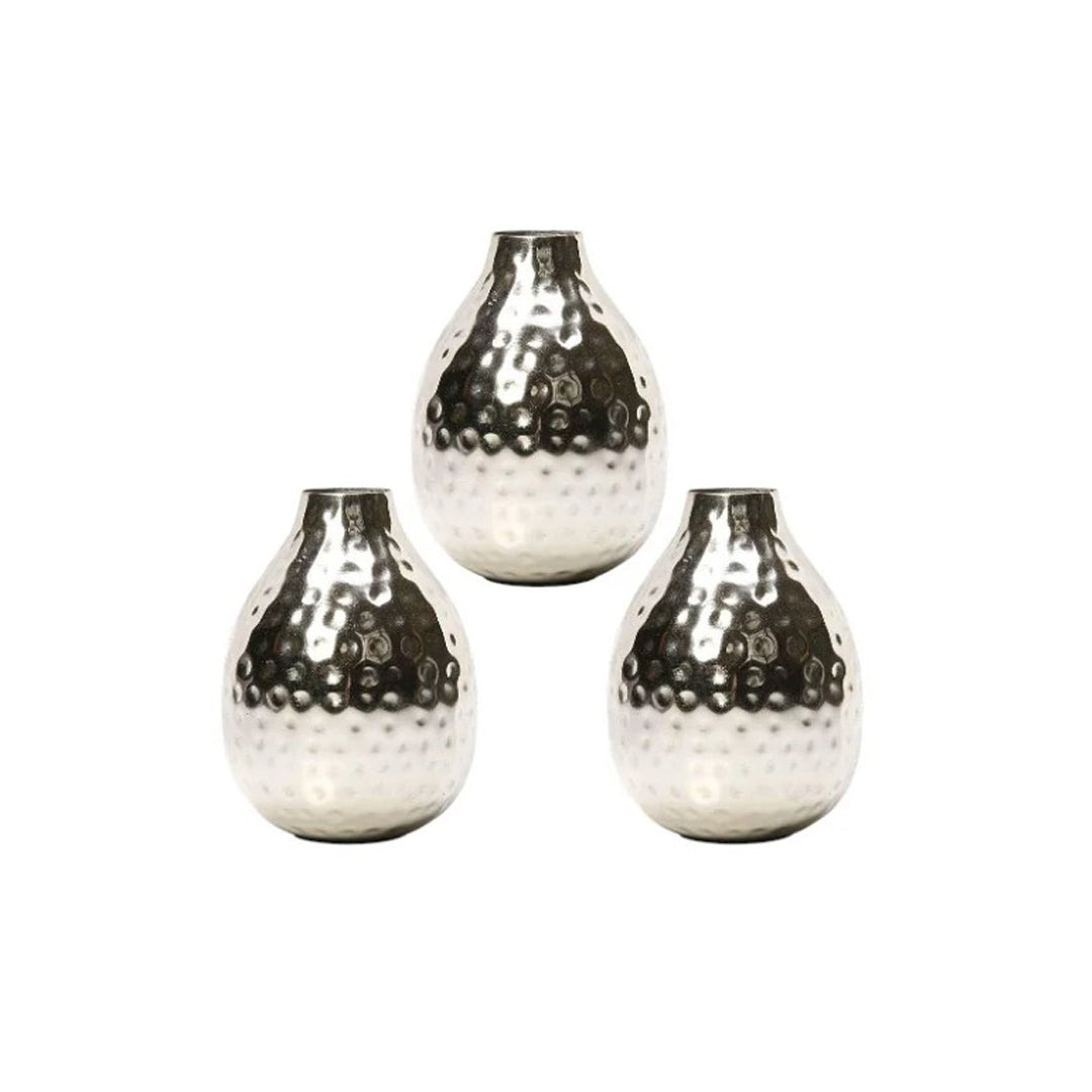 Set of 3 Hammered Metal Vases – Small Decorative Silver Vessels for Modern Home Décor, Tabletop Accent