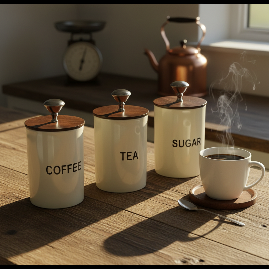 Tea Coffee Sugar Canister | Set of 3 with Airtight Wooden Lid | Kitchen Storage Jars | Off White