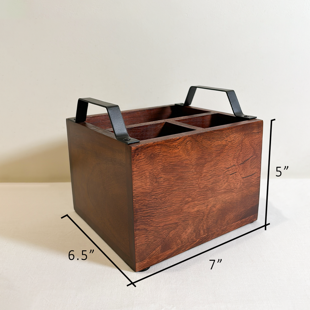 Wooden 3- Partition Cutlery Holder with Black Metal Handles | Multipurpose Kitchen Organizer
