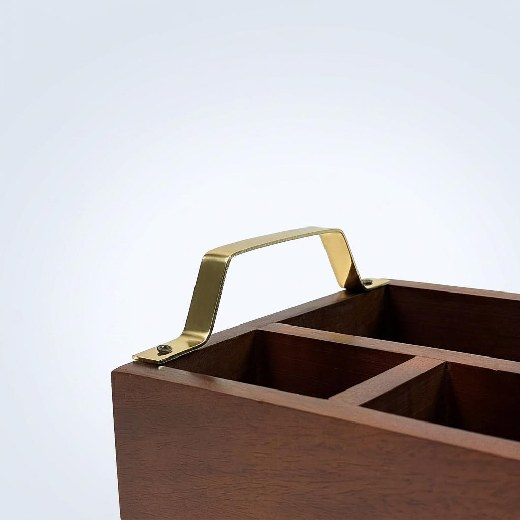 Wooden 4 - Partition Cutlery Holder with Brass Finish Handles | Multipurpose Kitchen Organizer