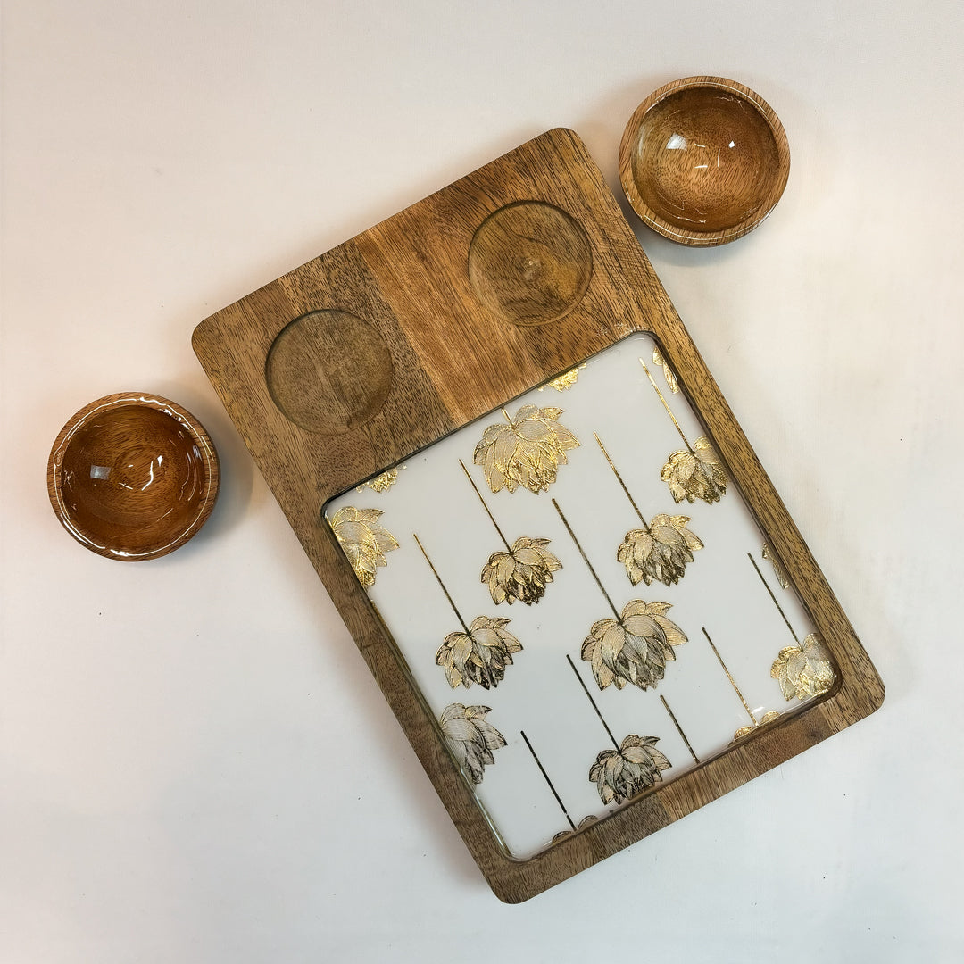 Wooden Snack Serving Tray with Floral Resin Design & 2 Dip Bowls | Premium Chips & Nachos Platter