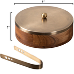 Wooden Regular Chapati Box with Brass Finish Lid & Tongs | Roti Storage Container