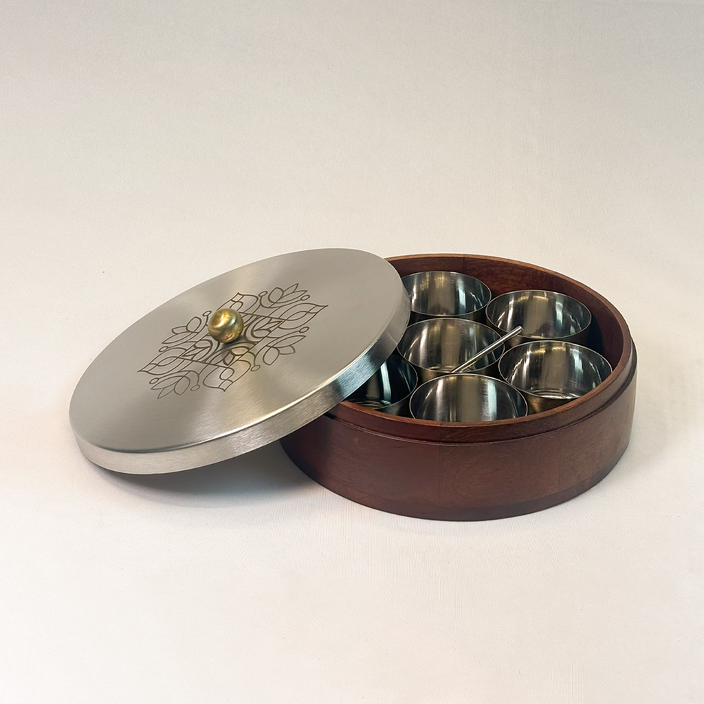 Wooden Masala Box with Stainless Steel Lotus Mandala Lid – Traditional Indian Spice Organizer with Containers