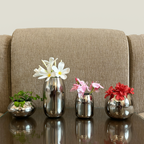 Metal Flower Vase Set of 4 – Modern Silver Decorative Bud Vases in Assorted Shapes & Sizes for Living Room, Dining Table, Shelf, Office & Home Decor