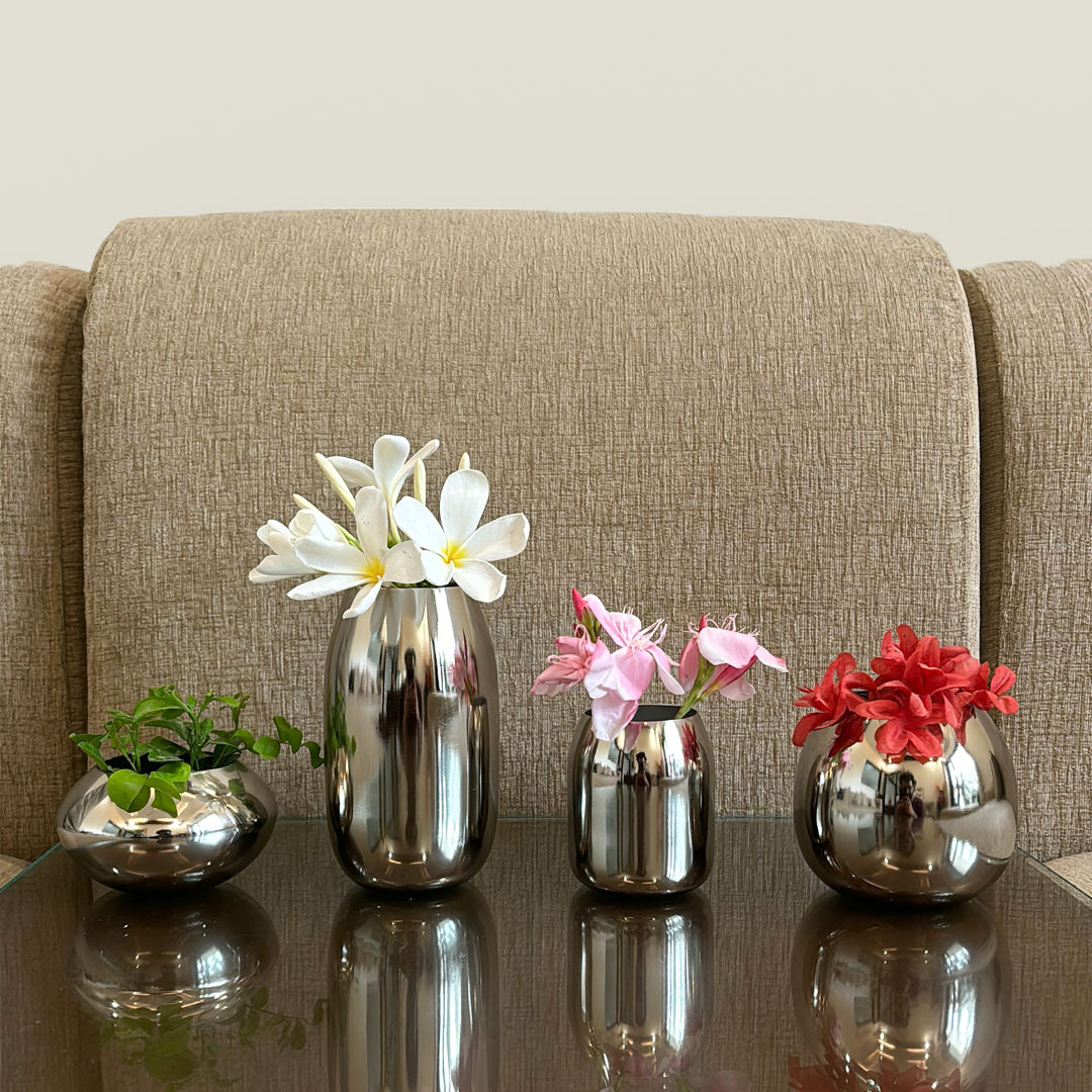 Metal Flower Vase Set of 4 – Modern Silver Decorative Bud Vases in Assorted Shapes & Sizes for Living Room, Dining Table, Shelf, Office & Home Decor