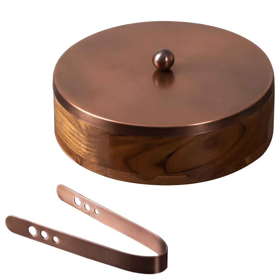 Wooden Chapati Box with Copper Finish Lid & Tongs | Roti Storage Container