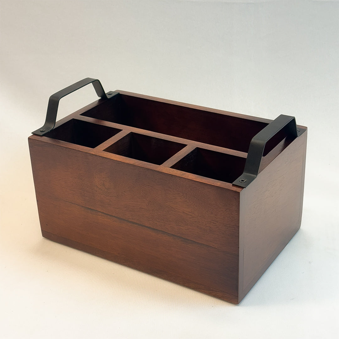 Wooden 4- Partition Cutlery Holder with Black Metal Handles | Multipurpose Kitchen Organizer