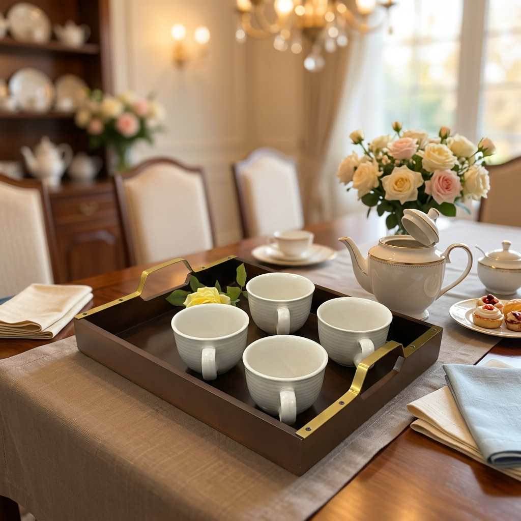 Wooden Serving Tray with Gold Handles – Elegant Tea, Coffee & Breakfast Tray for Modern Dining & Home Decor