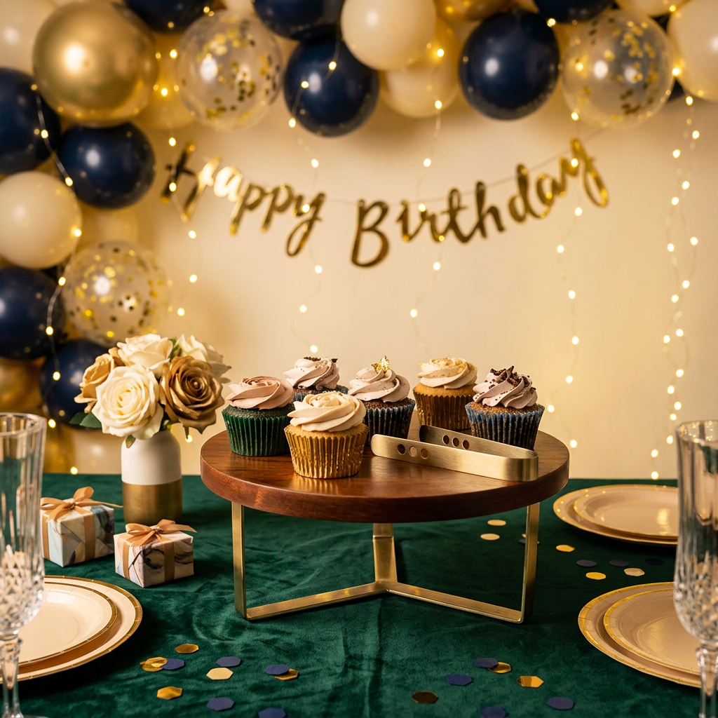 Wooden Cake Stand with Gold Metal Base | Round Dessert Display Stand for Cakes, Cupcakes & Table Decor | 12 Inch