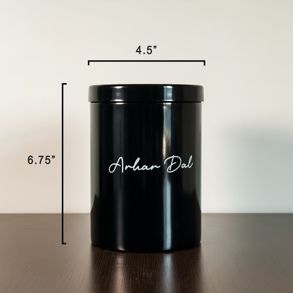 Set of 8 Metal Storage Jars for Dal & Pulses | 1kg Capacity Each | Airtight Black Containers for Kitchen | Labelled Canisters for Masalas, Dals & Grains
