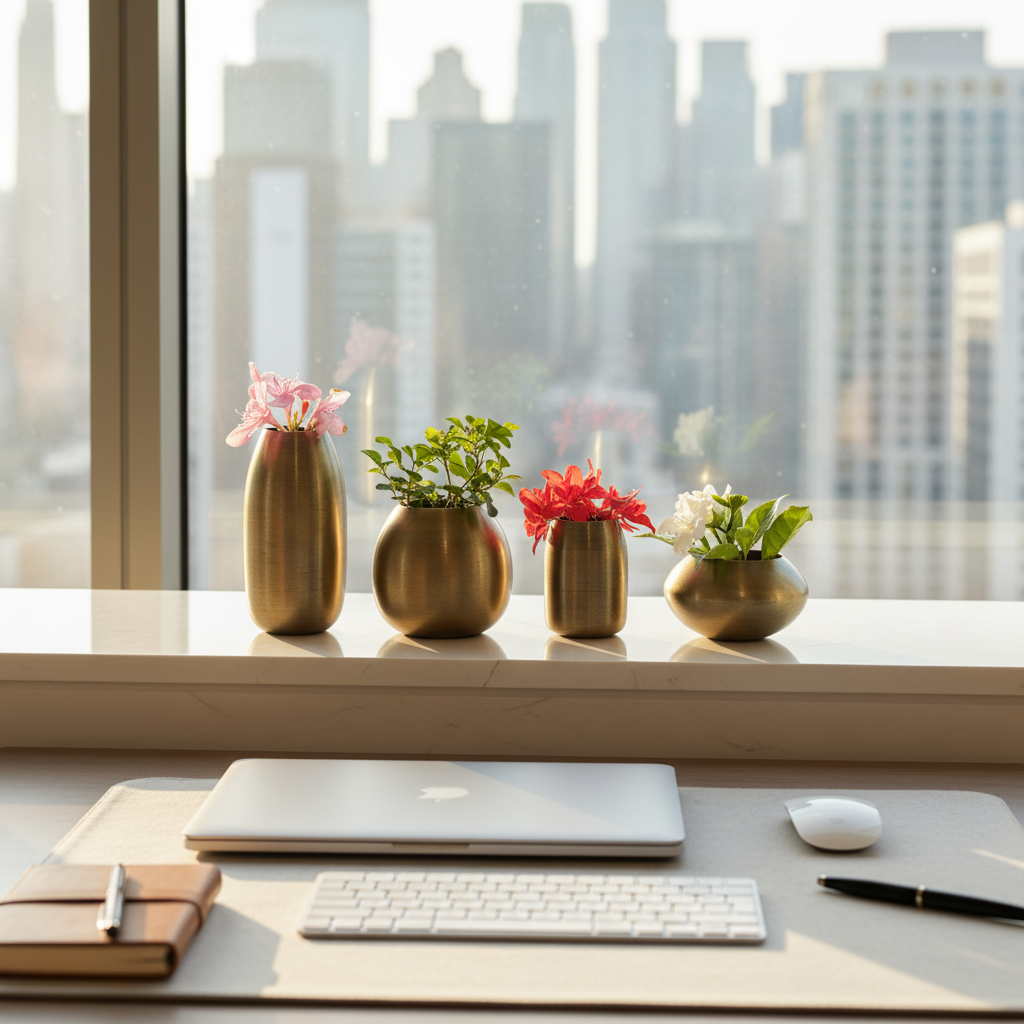 Metal Flower Vase Set of 4 – Modern Brass Decorative Bud Vases in Assorted Shapes & Sizes for Living Room, Dining Table, Shelf, Office & Home Decor