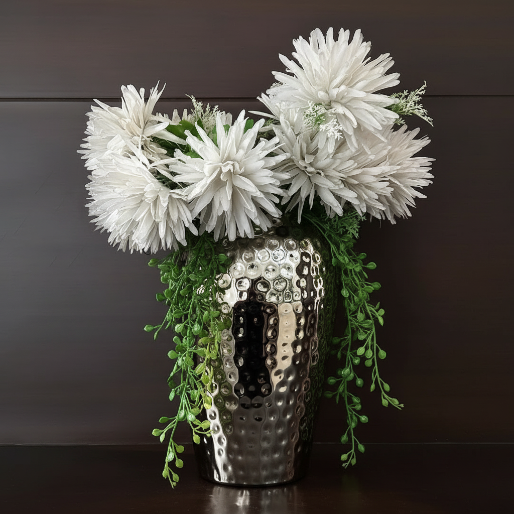 10" Hammered Metal Flower Vase – Modern Decorative Table Vase for Living Room, Bedroom & Office – Silver Finish