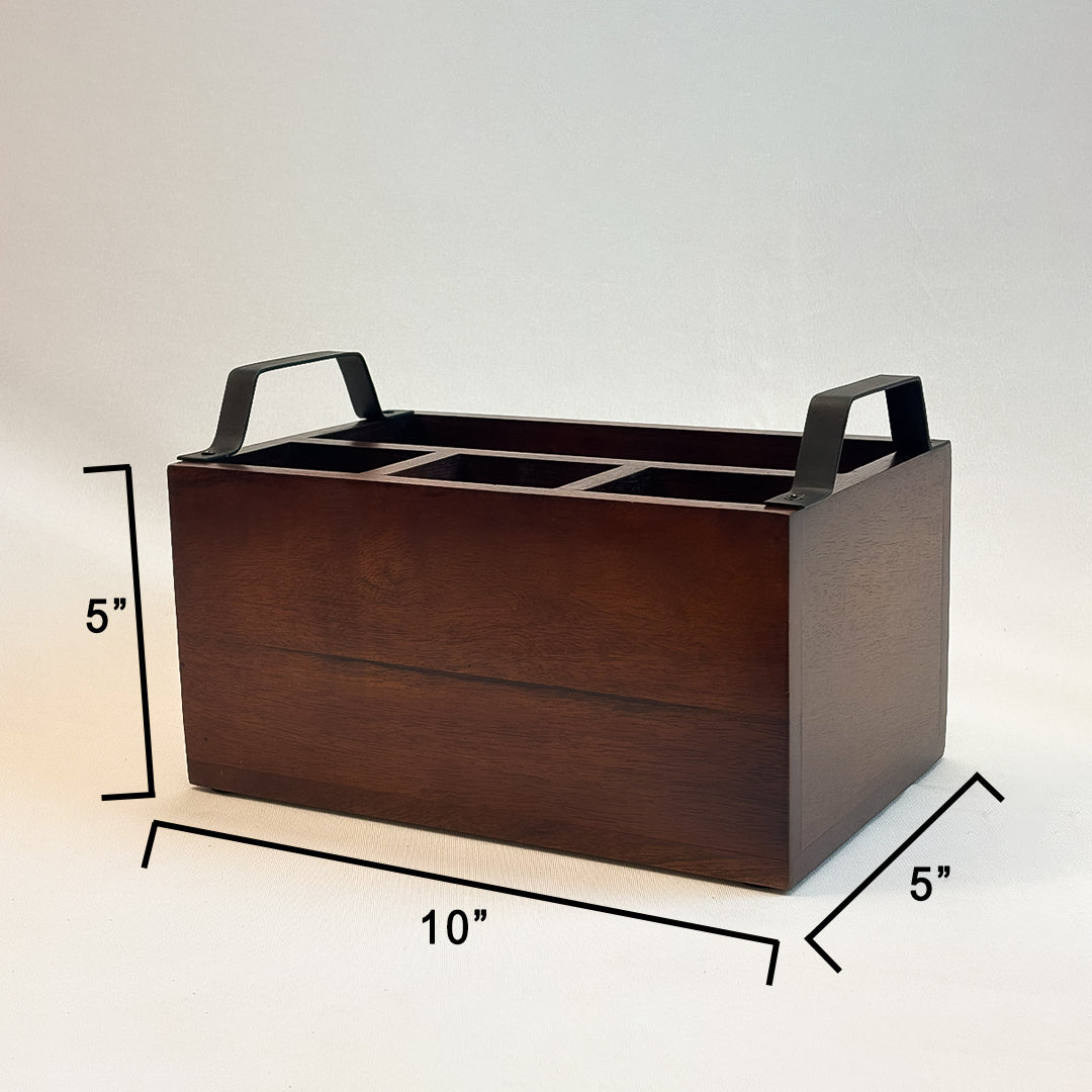 Wooden 4- Partition Cutlery Holder with Black Metal Handles | Multipurpose Kitchen Organizer