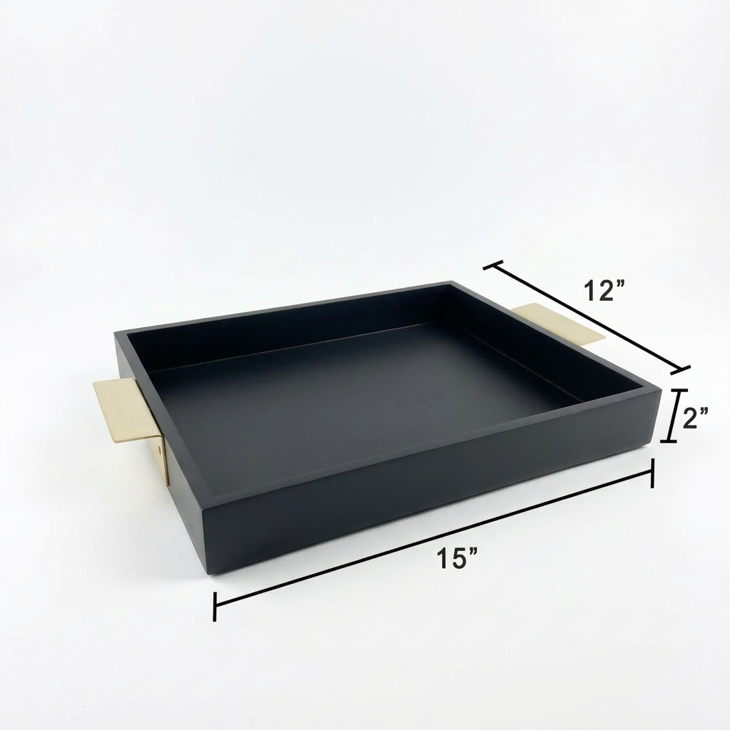 Matte Black Serving Tray with Gold Handles – Luxury Wooden Coffee Table & Dining Tray for Modern Home Decor