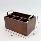 Wooden 4 - Partition Cutlery Holder with Brass Finish Handles | Multipurpose Kitchen Organizer