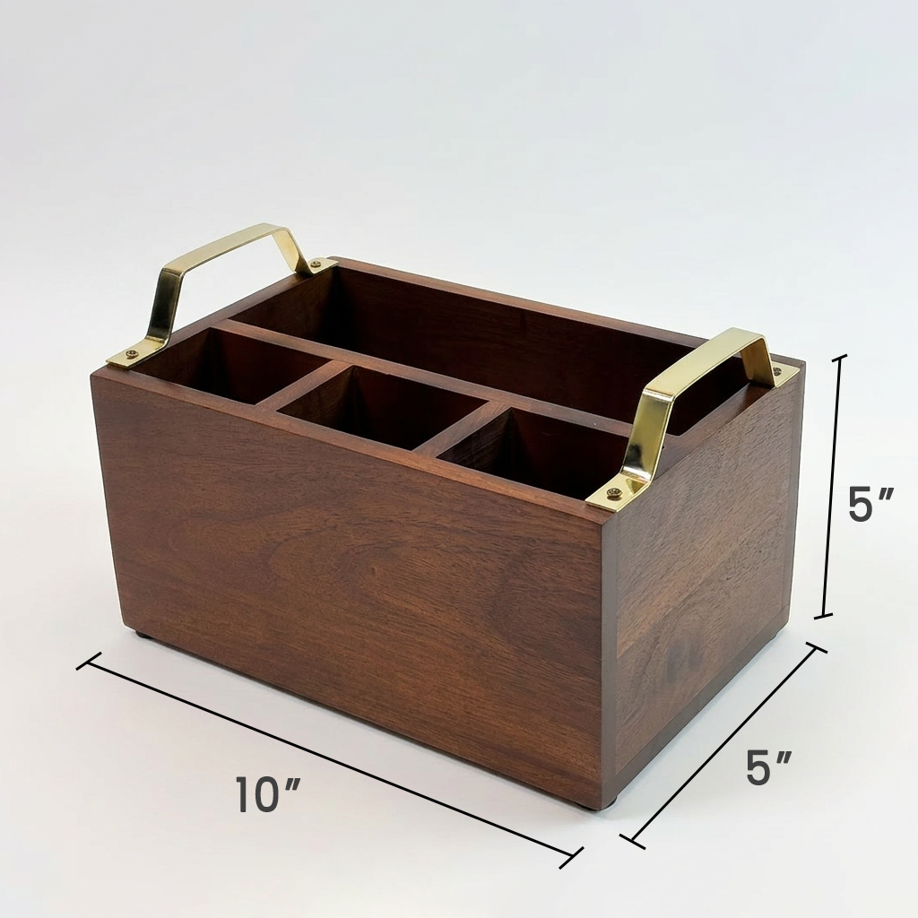Wooden 4 - Partition Cutlery Holder with Brass Finish Handles | Multipurpose Kitchen Organizer