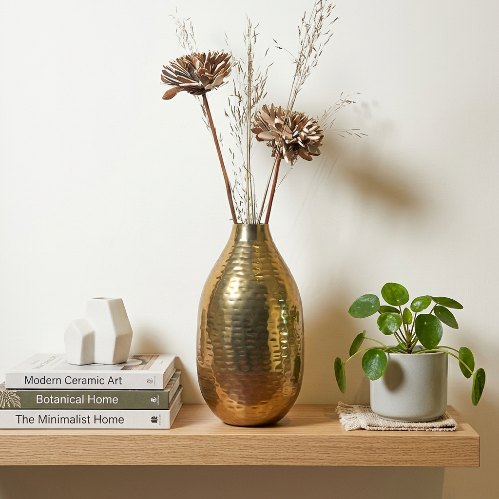 Hammered Metal Flower Vase (9 Inch) – Gold Finish Decorative Table Vase for Living Room, Office & Shelf Décor