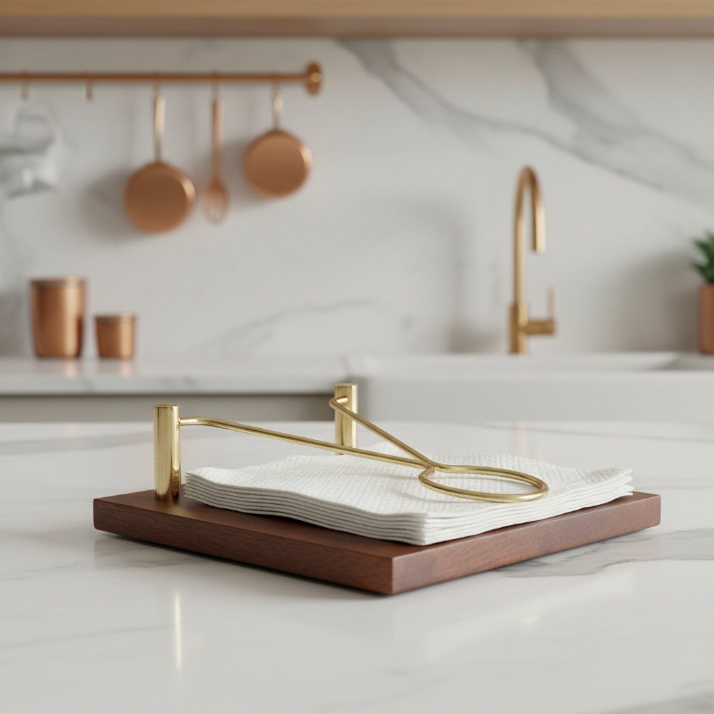 Wooden Napkin Holder with Gold Metal Stand | Decorative Tissue Paper Holder for Dining Table & Kitchen
